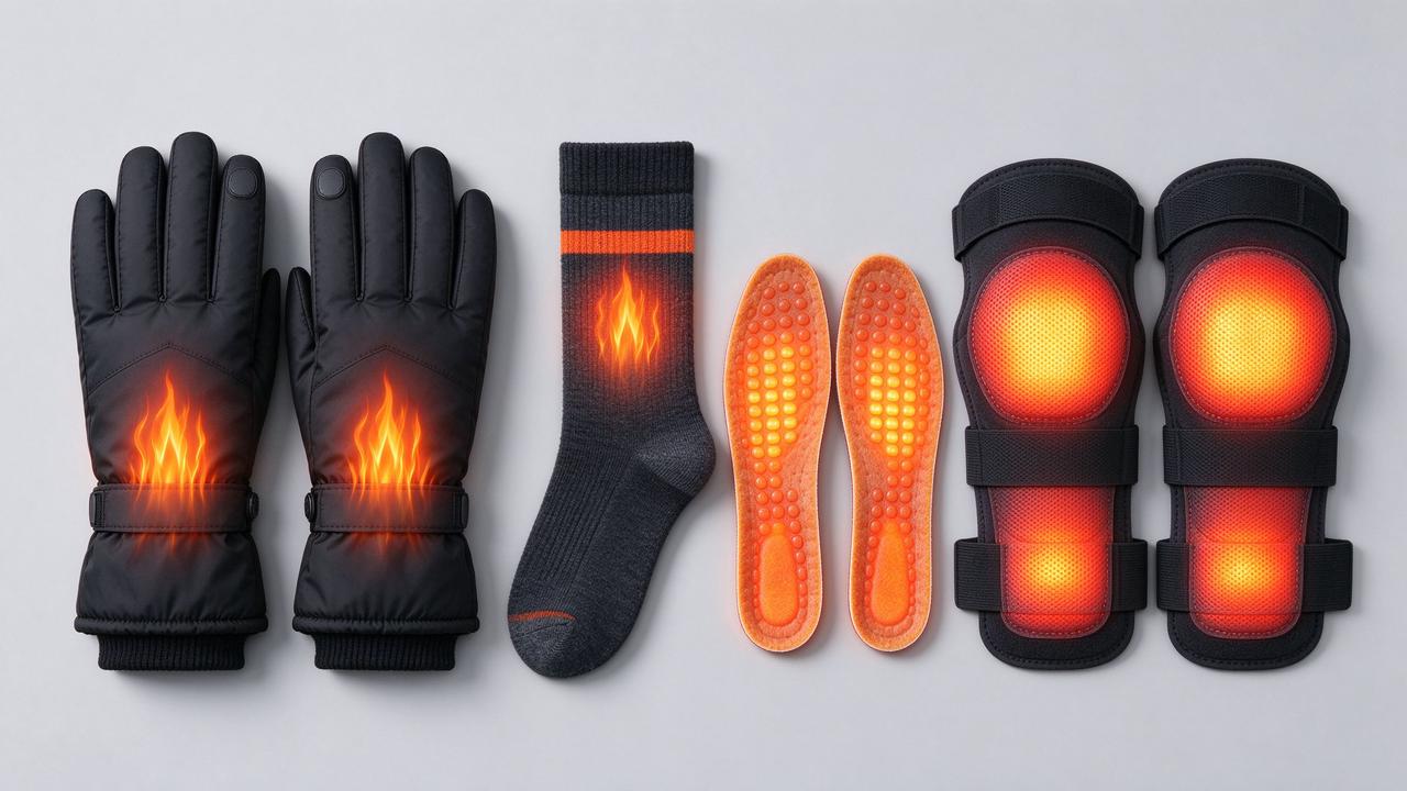 Heated gloves, socks, insoles and knee pads