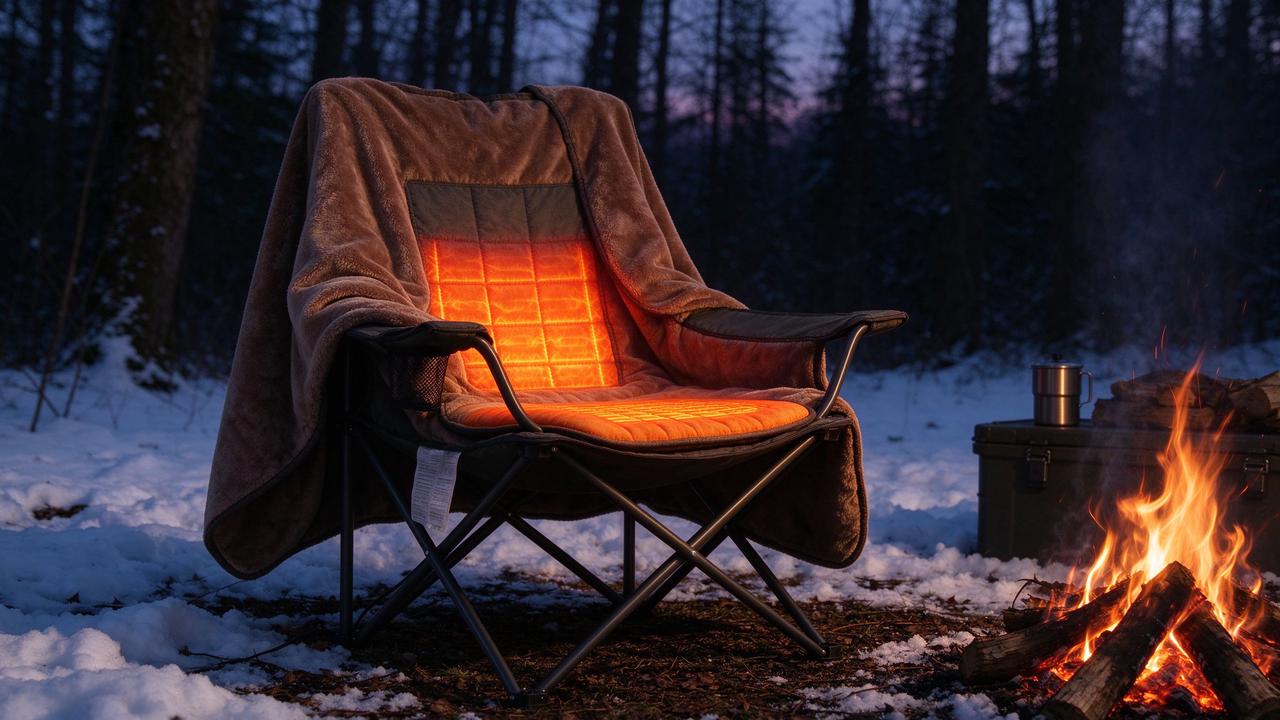 Heated camping chair by campfire at dusk