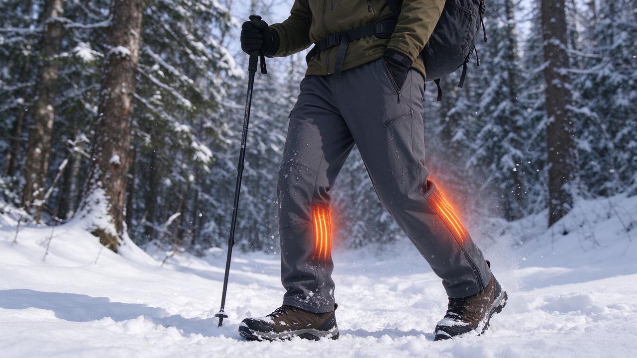 Heated pants on winter trekker in snow forest