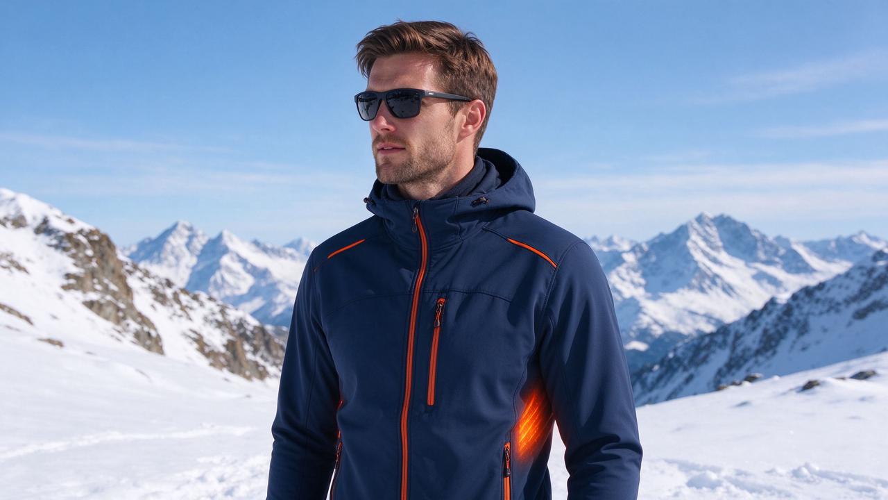 Heated softshell jacket in snowy mountains